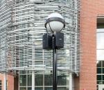Lamppost with the two MicroSoundings speakers that would transmit sound when visitors vibrated the poles behind it.