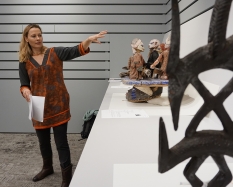 Anthropology Professor Sienna Craig discusses objects with her anthropology class in a BCOS study gallery.  Photo by Brian Wagner.