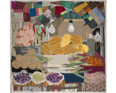 A vibrant quilt artwork depicts a market scene with various colorful fabrics forming the shapes of fruits, vegetables, and other goods. Pineapples, grapes, and melons are prominently featured, along with other produce. 