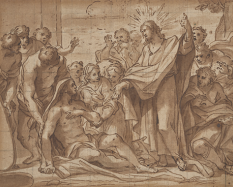 A detailed drawing depicts the biblical scene of Jesus raising Lazarus from the dead. Jesus, surrounded by his disciples and onlookers, is shown extending his hand towards Lazarus, who is emerging from his tomb. The figures are expressive, displaying awe 