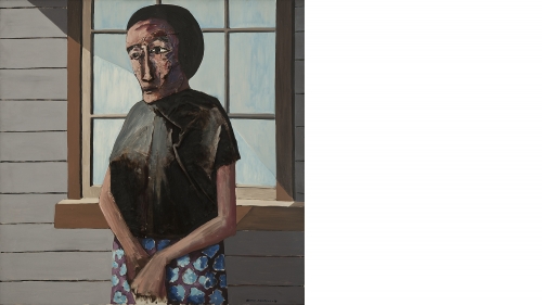 Benny Andrews, Witness, 1968, oil on canvas with painted fabric collage. Purchased through gifts by exchange from Evelyn A. and William B. Jaffe, Class of 1964H; Kent M. Klineman, Class of 1954; and Mr. and Mrs. Joseph H. Hazen. © Estate of Benny Andrews 