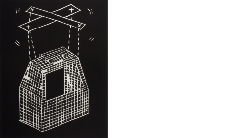 A print on paper with a black background. On top of the black field is a white box, that looks like it's made of cube, with helicopter wings atop it.