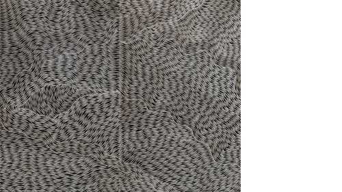 A large etching made on aluminum panels. It is mainly in grayscale, with some metallic silver paint. The geometrical patterned etching looks like fabric blowing in the wind in waves.