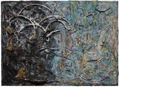 A sculptural 3D painting that employs cloth, paint, and various found objects.