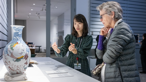 Curator Haely Chang discusses her pop up exhibition in the Bernstein Center for Object Study during the 2024 Lunar New Year Celebration