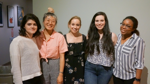From left to right: Marie-Therese Cummings ’18, Levinson Intern; Kimberly Yu ’18, Homma Family Intern;Tess McGuiness ’18, Conroy Intern; Gina Campanelli ’18, Class of 1954 Intern, and Ashley Dotson ’18, Conroy Intern. 
