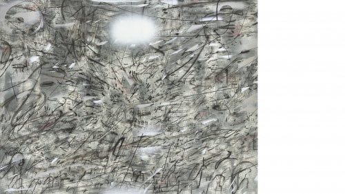 Julie Mehretu, Iridium over Aleppo (detail), 2018, ink and acrylic on linen. Purchased through a gift from Evelyn A. and William B. Jaffe, Class of 1964, by exchange; 2018.13.