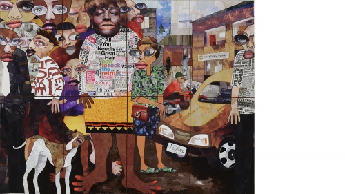 Chike Obeagu, City Scape and City Dwellers II, 2015, mixed media. Purchased through a gift by exchange from Mr. and Mrs. Joseph H. Hazen; 2015.16.