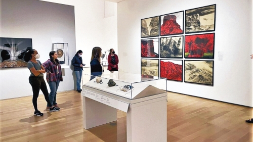 People stand in a gallery and study a series of nine tan, black, and red landscape prints.