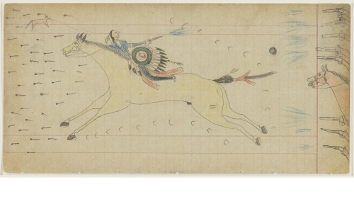 Unknown artist ("Price" Ledger), Tsistsistas and/or Inunaina / American, active late 19th century, Untitled (An Inunaina (Arapaho) Warrior Fires Back at U.S. Soldiers), page number 138, from the "Vincent Price Ledger", Late 19th century, Graphite and colo