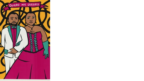 A brightly colored poster created by a hispanic artist. It features a drawing of the same person dressed as male and a female. At the top of the poster is says "Quiero Mis Queerce."