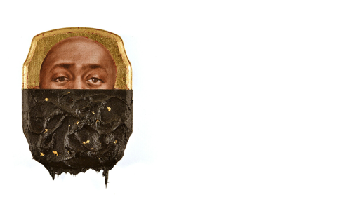 oil, gold leaf, and tar are covering the face of a dark skinned man on panel 