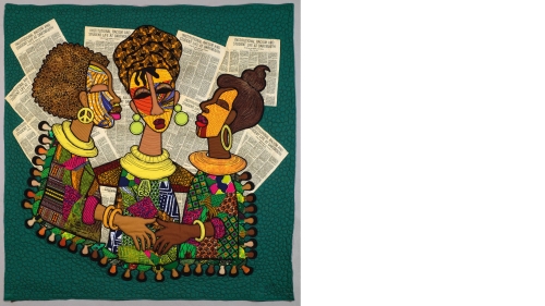 Portrait of three Black women in African-inspired clothing in front of newspapers with a headline that reads "Institutional Racism and Student Life at Dartmouth."