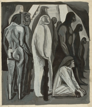 José Clemente Orozco, Mexican, 1883–1949, Study for Migration (Panel 1) for The Epic of American Civilization, gouache on paper. 