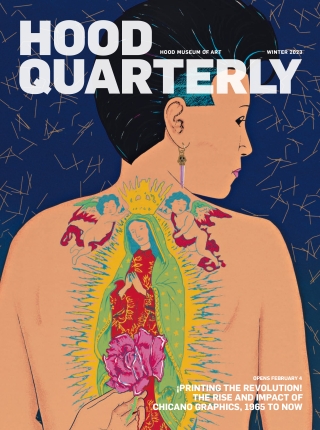 Cover image of the Hood Museum's 2023 winter Quarterly magazine. The cover image is a detail of a print by a Latin American artist. It is of a woman's back with her face turned in profile. She has a black mohawk and a tattoo of the Virgin Mary on her back