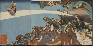 Utagawa Kuniyoshi, Gama Sennin, the Toad Spirit, Teaching Yoshikado and His Sister Takiyasha the Arts of Magic, 1845, color woodblock print. Purchased through the Julia L. Whittier Fund; 2008.62.