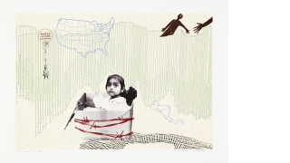 A collage print of a young immigrant child in a makeshift boat. Behind her are collaged images of the a map of the USA and abstracted images of arms pulling other arms out of what appears to be water.