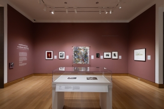 a view of Embracing Vulnerability: Gay Intimacy in the Context of AIDS installed in Gutman Gallery. The walls are a reddish brown and there is art hanging on them.