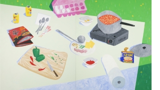 A painting of a picnic blanket with various foods atop it. The food is on a white blanket and bright green grass. The colors are vibrant and bright.