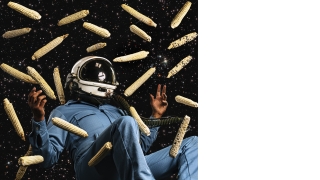 A photograph of a person in an astronaut outfit and helmet seems to be floating in space among the stars and ears of corn.