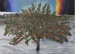A painting of an apple tree, loaded with fruit, against a sky that is dark on the edges and light blue in the center. Also in the center of the light blue sky is a rainbow.