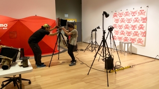 Artists Will Wilson (left) and Kali Spitzer (right) set up their equipment in the galleries on the first day of the their residency. Photo by Alison Palizzolo.
