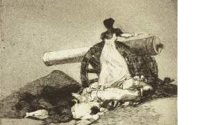 An etching by artist Francisco José de Goya y Lucientes which shows a female figure lighting a cannon.