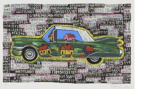 A print of a green car with a village drawn inside it, surrounding the car and in the background are numbered tickets.u