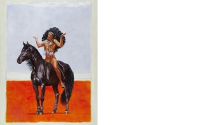 Atop a vertical abstract painting with fields of ivory, lilac, and orange is a Native American person wearing a large black feathered traditional headdress is sitting on top of a black stallion. 
