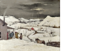 A painting of a snowy mountainous New England winter scene. To the left is a small hut with smoke rising from the chimney. A group of people stand outside the hut drinking out of mugs (presumably coffee, based on the painting's title).