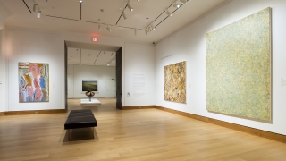 A museum gallery with white walls installed with large-scale paintings of abstracted landscapes.
