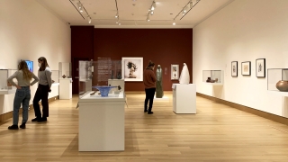 An installation photograph of a gallery installed with traditional and contemporary Indigenous / Native American art.