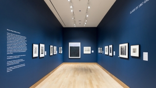 A photograph of a long and narrow museum gallery that has dark blue walls. There are framed works on paper hanging on the walls of the gallery.