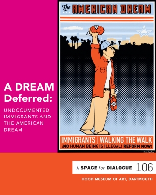 Cover of the exhibition brochure for A Space Dialogue 106, featuring a brightly colored print of a Latino immigrant holding what looks like bags of oranges.
