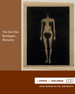 The cover of an exhibition brochure, featuring a black and tan work on paper that pictures an outline of a nude woman.