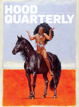 A man sitting on horseback, wearing a traditional Native American headdress and loin cloth makes a shrugging motion. The figure and horse are placed atop of abstract color field painting that is orange, ivory, and lilac.