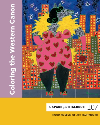 The cover of an exhibition brochure that features a work by a contemporary Native American artist. It depicts a wolf in a pink polkadot dress and wearing high heels. There is a cityscape in the background.