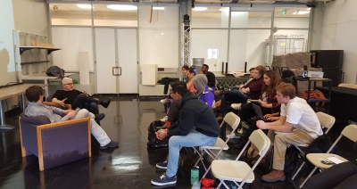 Bill Fontana speaks with students during Spencer Topel’s Sound Art Practice class.