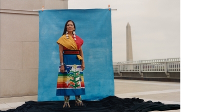 Jamie Okuma skirt and boots (Peep, 2021, antique glass beads, brain-tanned deer hide, and vintage basket beads on Casadei boots. Photo credit: Camila Falquz/Thompson. Image courtesy InStyle Magazine.
