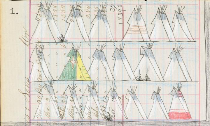 A Native American ledger drawing in crayon, colored pencil, and felt-tipped pen