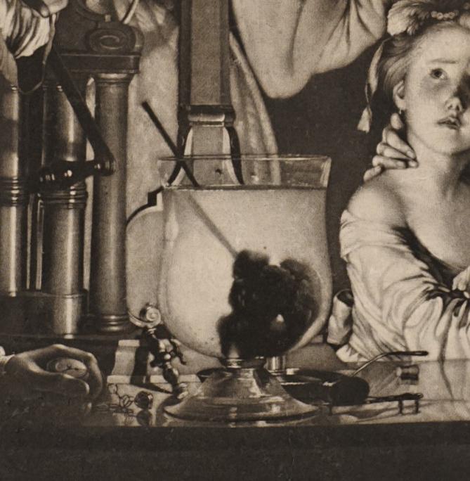A detail of a mezzotint showing a group of people watching an experiment
