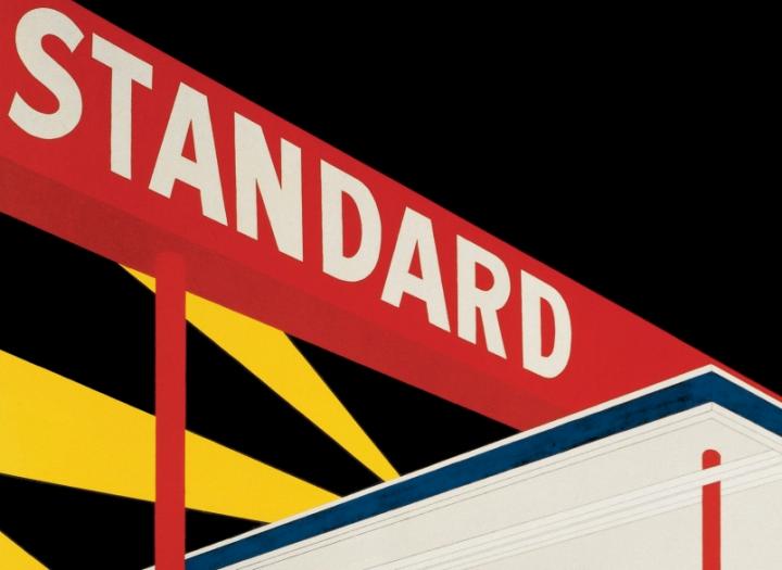 A detail of a painting showing a Standard gas station
