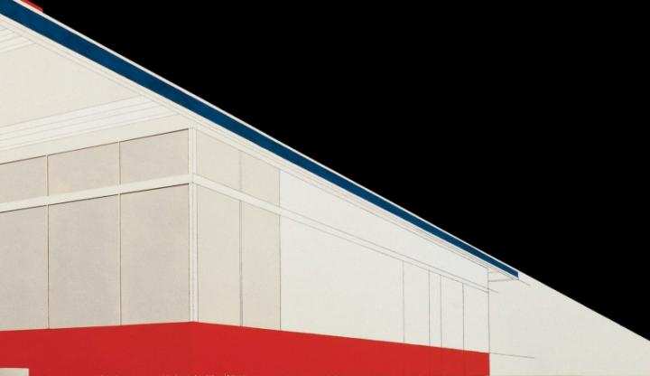 A detail of a painting showing a Standard gas station