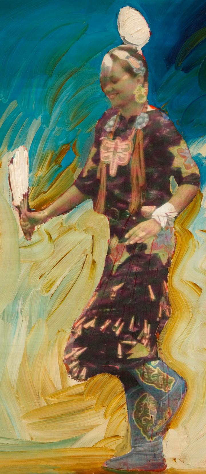 A detail of a painting of a Native American woman dancing