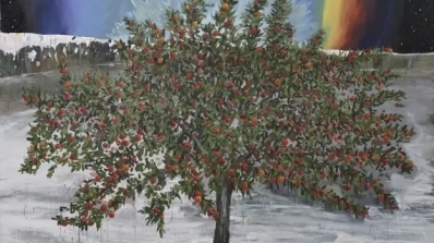 A painting of an apple tree. There is a dark background with a rainbow extending from the top of the tree