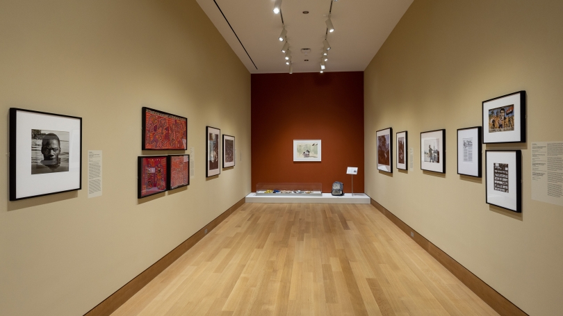 A museum gallery installed with art made by South American artists.