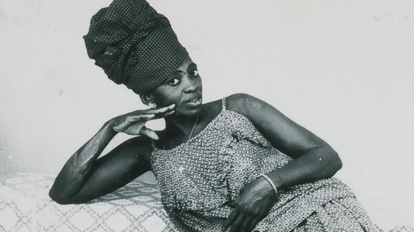 Malick Sidibe, Malian, 1936 - 2016, Untitled (Reclining Woman) (detail), 1969, gelatin silver print, painted glass frame. Hood Museum of Art, Dartmouth: Purchased through the James and Barbara Block Acquisitions Endowment; 2005.19.