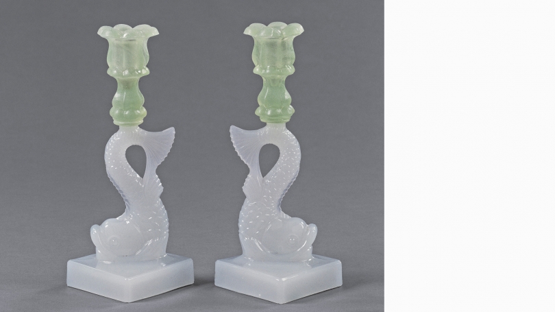 Boston and Sandwich Glass Company, Dolphin Candlestick, about 1860, translucent white and translucent light green lead glass, pressed. Purchased through the Katharine T. and Merrill G. Beede 1929 Fund and the Hood Museum of Art Acquisitions Fund; 2007.3.2