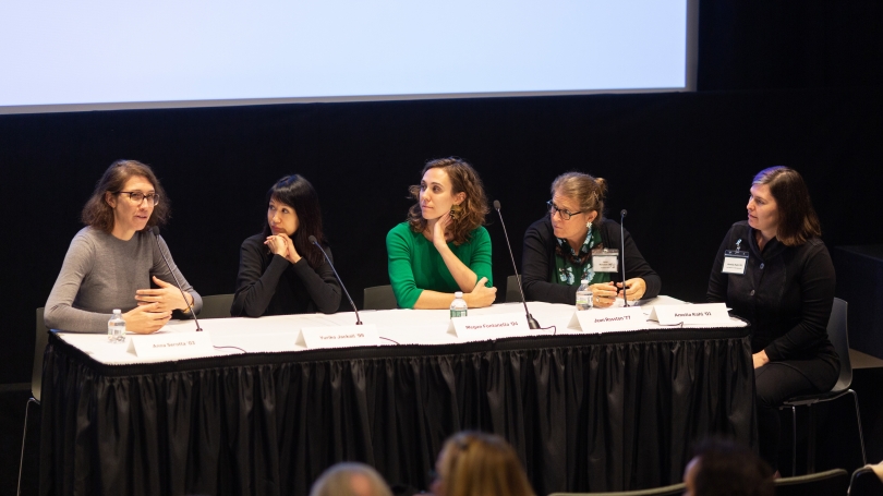 A panel of museum curators and conservators, all graduates of Dartmouth, discuss collaboration at the symposium "The New Now: Art, Museums, and the Future". Photo by Rob Strong.