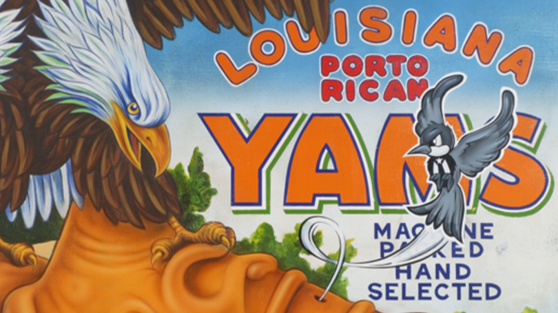 Vulture Brand Yams by Miguel Luciano (2017), mimicking a vintage produce label with a vulture over yams labeled 'Porto Rico' and smaller vultures marked 'Wall St.' and 'Hedge Funds.